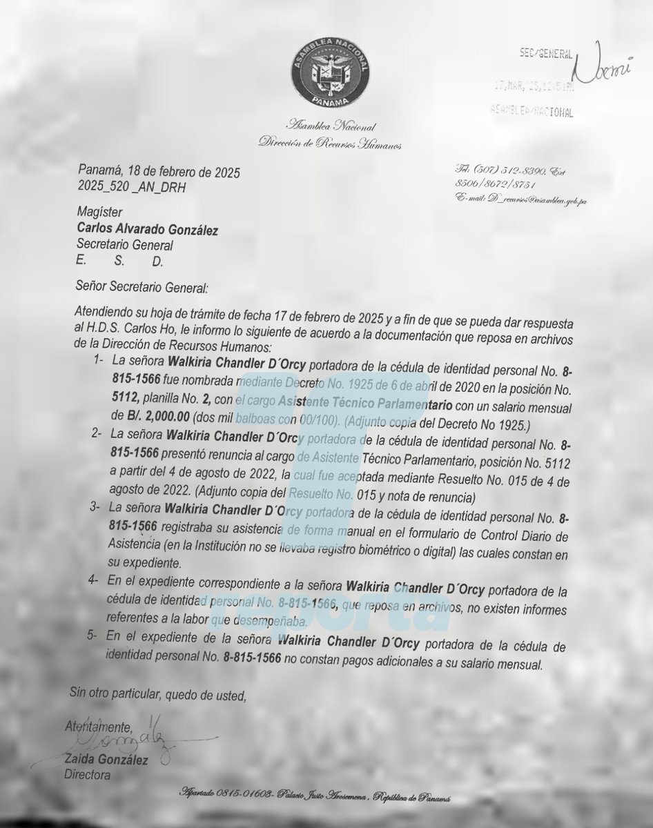 TReporta's tweet photo. La Asamblea Nacional certificó que la diputada Walkiria Chandler fue nombrada en el período pasado con el cargo de asistente técnico parlamentario con un salario de 2,000 dólares y registraba su asistencia de manera manual y no existen informes de la labor que desempeñaba.

Esto luego de que Carlos Ho, diputado suplente de Walkiria Chandler, presentara una solicitud a la @asambleapa para certificar si la diputada @WalkiriaChD fungía como diputada suplente en el período pasado; si recibió algún emolumento y a razón de qué; si fue nombrada asistente técnico parlamentario; por cuánto tiempo ocupó este cargo, además si marcaba la asistencia de forma biométrica y por último si presentó algún informe de la labor que supuestamente realizaba cuando fue suplente de @gabrielsilva8_7.