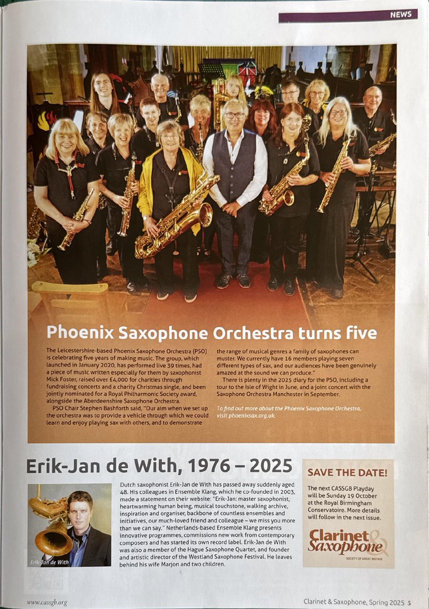 PhoenixSaxOrg's tweet image. Check out this amazing article in the Spring 2025 @CASSGB  magazine 🥳 ! Thanks so much for your support guys 😍🎷x