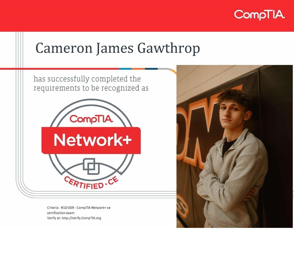Huge congrats to our student, Computer Information Services student Cameron Gawthrop, for earning his CompTIA Network+ certification—the very first student to achieve this post-COVID! Way to lead the way, Cameron!