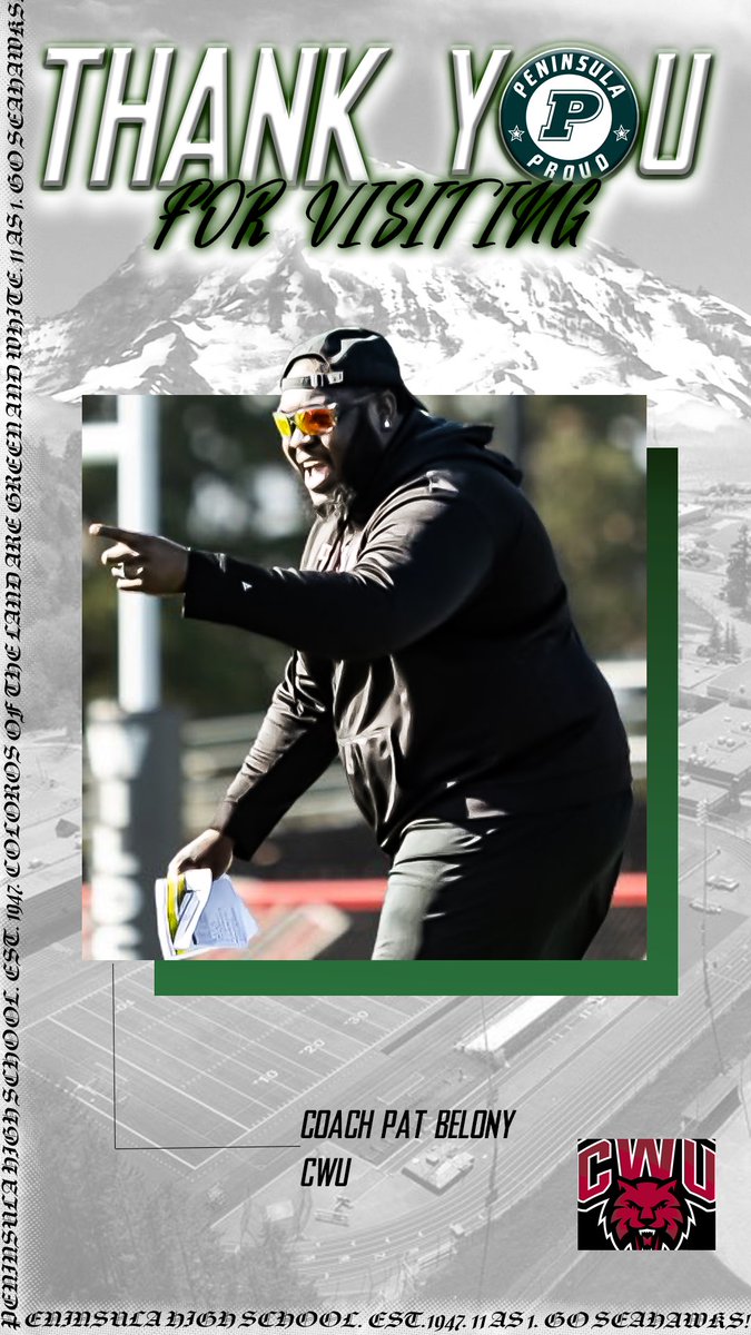Big thank you to the coaches at <a href="/CWUFB/">CWU Football</a> for swinging by and talking to our Seahawks today. Long time partners with a consistent pipeline, we appreciate you all giving our guys opportunities! <a href="/CoachPatBelony/">Pat Belony M.Ed</a> 

<a href="/MaurotheCoach/">Coach Clay Mauro</a> <a href="/Peninsula1947/">Peninsula High School</a> <a href="/PenHSathletes/">Coach Filkins</a>