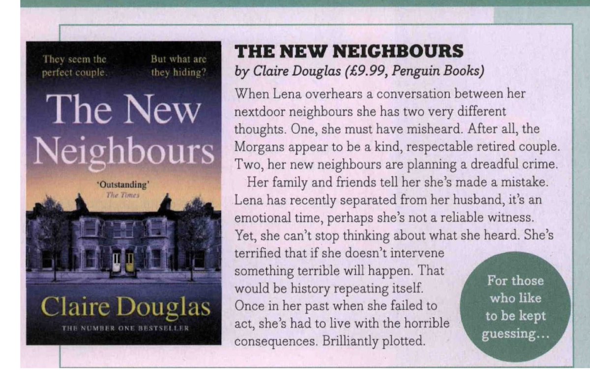 BAD BLOOD by <a href="/SarahHornsley/">Sarah Hornsley</a> and THE NEW NEIGHBOURS by <a href="/Dougieclaire/">Claire Douglas</a> were both reviewed in Platinum magazine. They call THE NEW NEIGHBOURS “brilliantly plotted”.