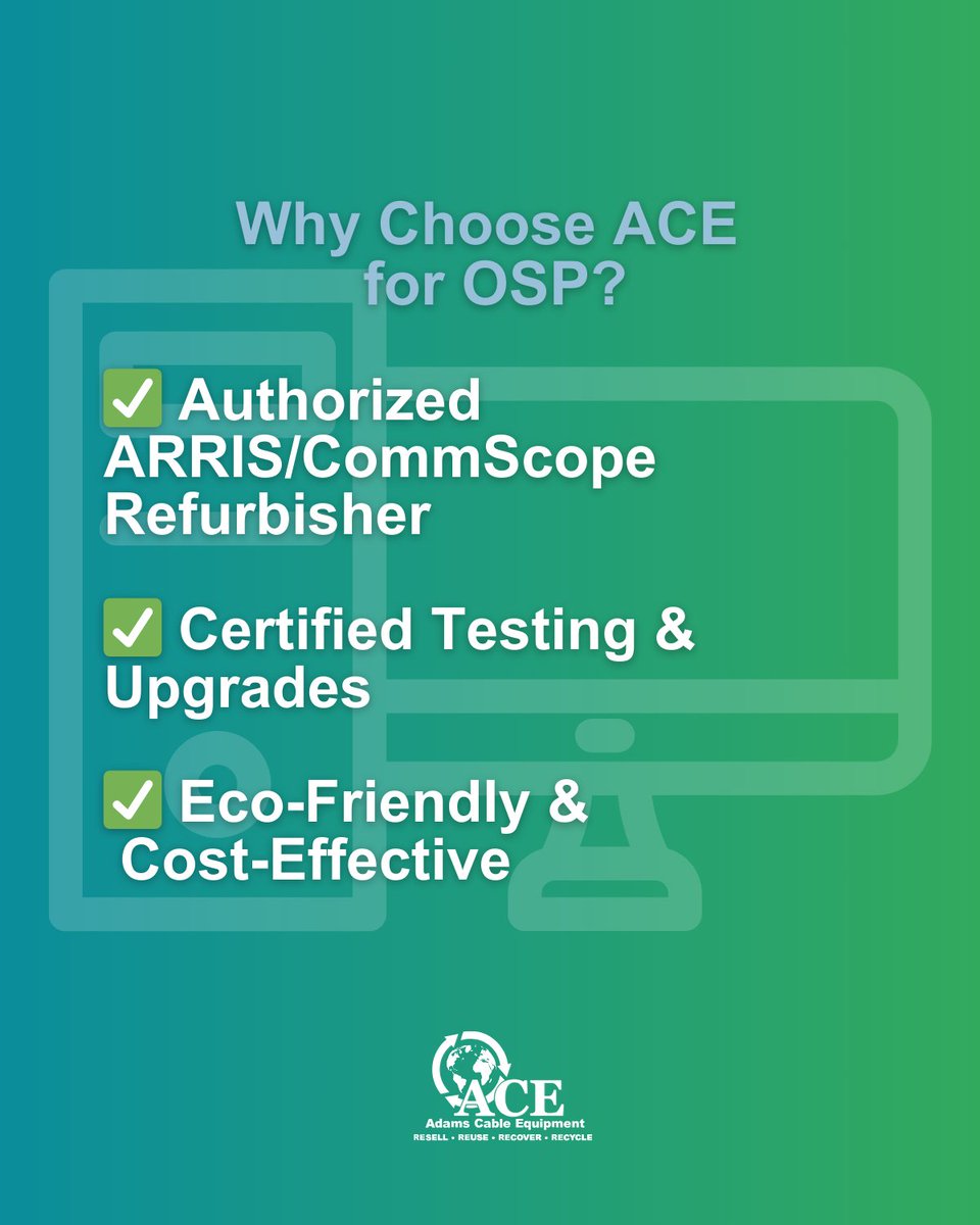 adamscableequip's tweet image. Upgrade Your Network with Reliable #CPESolutions! ACE offers refurbished modems, routers, digital set-tops, and more cost-effective solutions for businesses. bit.ly/4inVR4K

Why ACE?
✅ARRIS/CommScope Refurbisher
✅Certified Testing &amp;amp; Upgrades
✅Eco-Friendly &amp;amp; Affordable