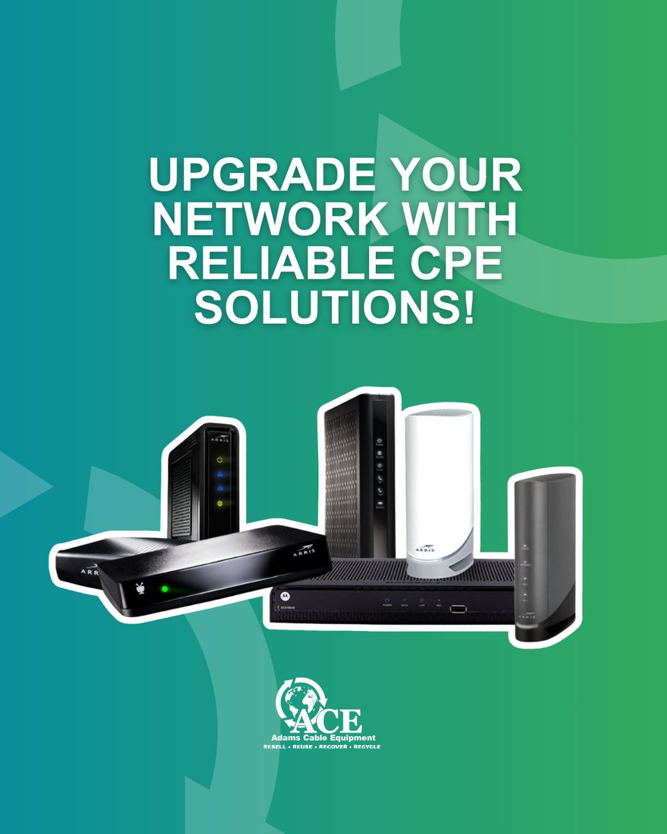 adamscableequip's tweet image. Upgrade Your Network with Reliable #CPESolutions! ACE offers refurbished modems, routers, digital set-tops, and more cost-effective solutions for businesses. bit.ly/4inVR4K

Why ACE?
✅ARRIS/CommScope Refurbisher
✅Certified Testing &amp;amp; Upgrades
✅Eco-Friendly &amp;amp; Affordable