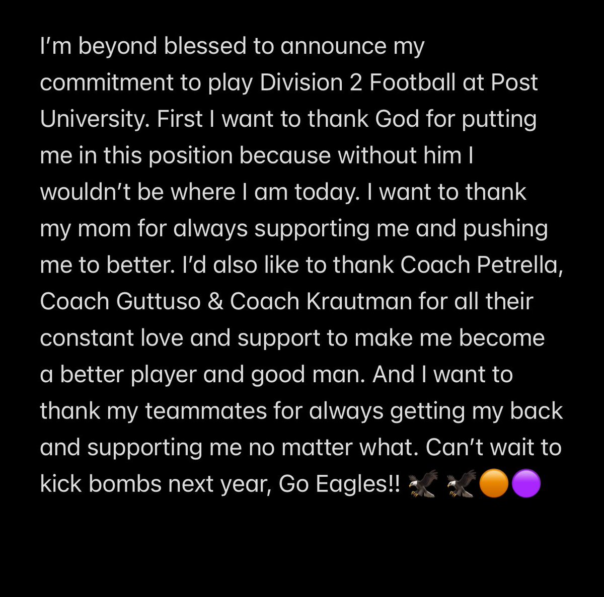 next 4 🟠🟣🙏🏻 #AGTG <a href="/post_fb/">Post University Football 🦅</a> <a href="/HughVillacis/">Hugh Villacis</a> <a href="/KrautmanKicking/">Krautman Kicking</a> <a href="/NVD_Football/">NVDFootball</a> <a href="/CoachGuttuso/">Nick Guttuso</a>