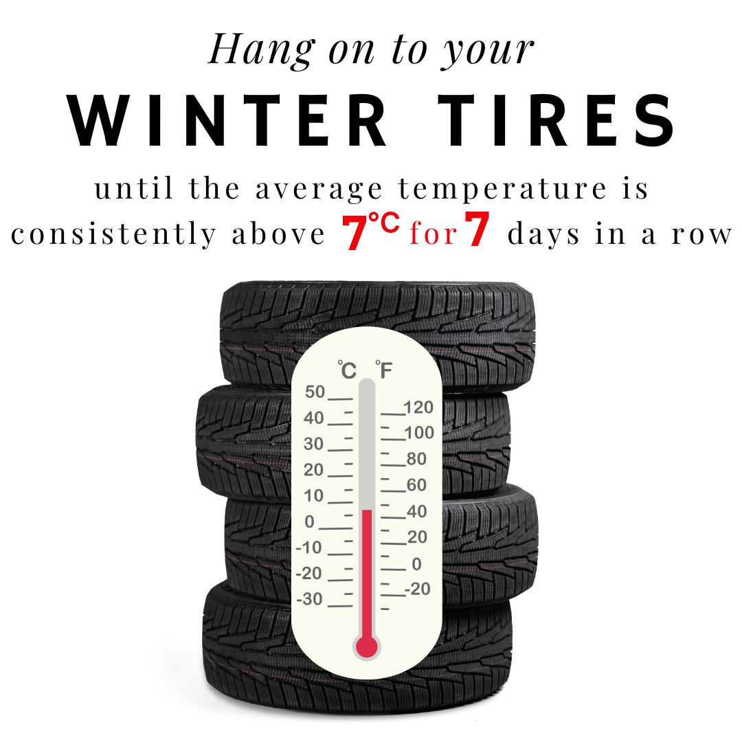 You might be wondering when to transition your vehicle from winter to summer tires. In Ontario, it's recommended that you switch out your winter tires when the average temperature is consistently above 7°C for 7 days in a row. This is known as the "7-for-7" rule! #RoadSafety