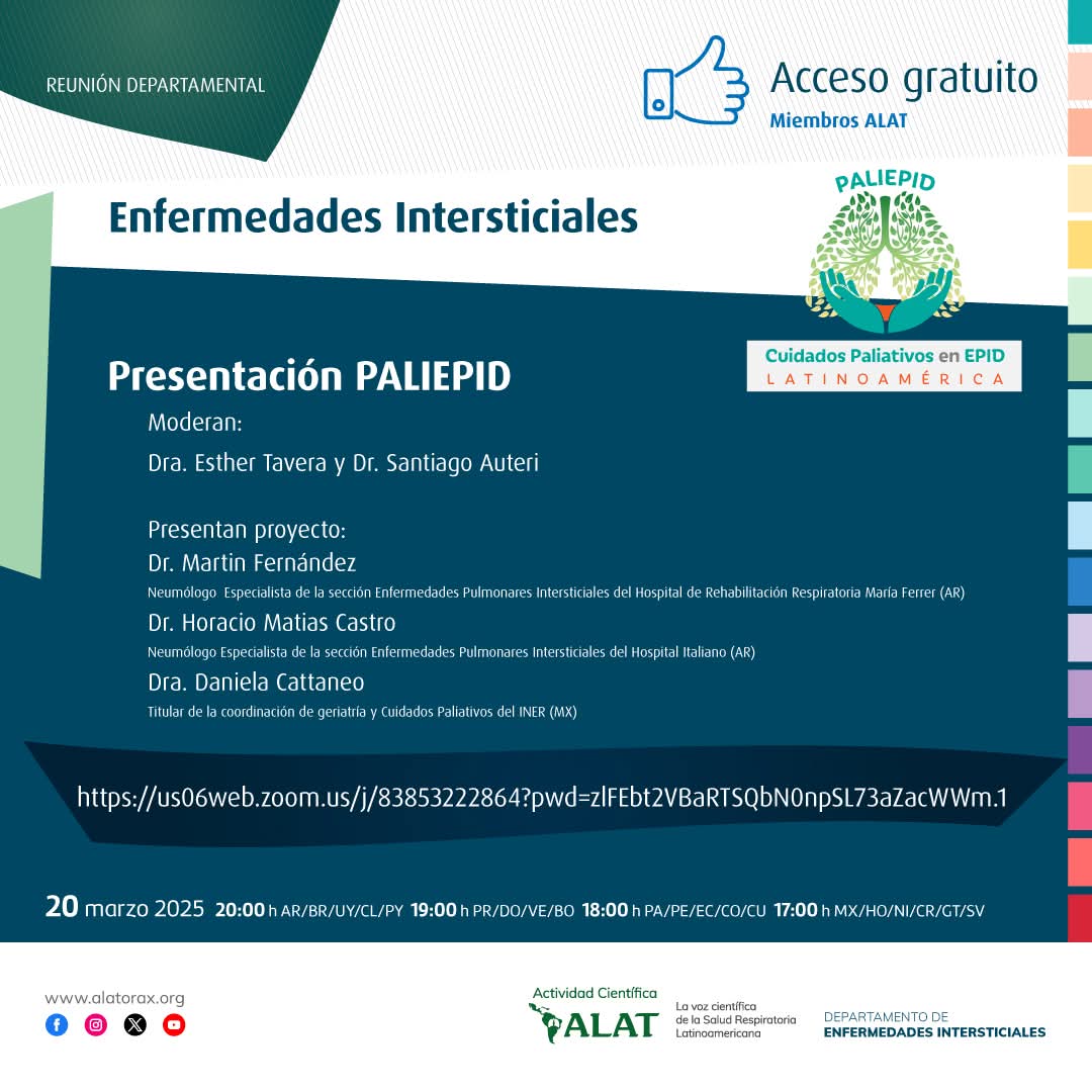 🫁 Este 20 de marzo 2025 presentamos PALIEPID, un nuevo registro latinoamericano ALAT bajo la dirección del Departamento de Enfermedades Intersticiales. El enlace directo, sin inscripción previa, para participar de esta actividad ha sido enviado a todos los miembros ALAT.