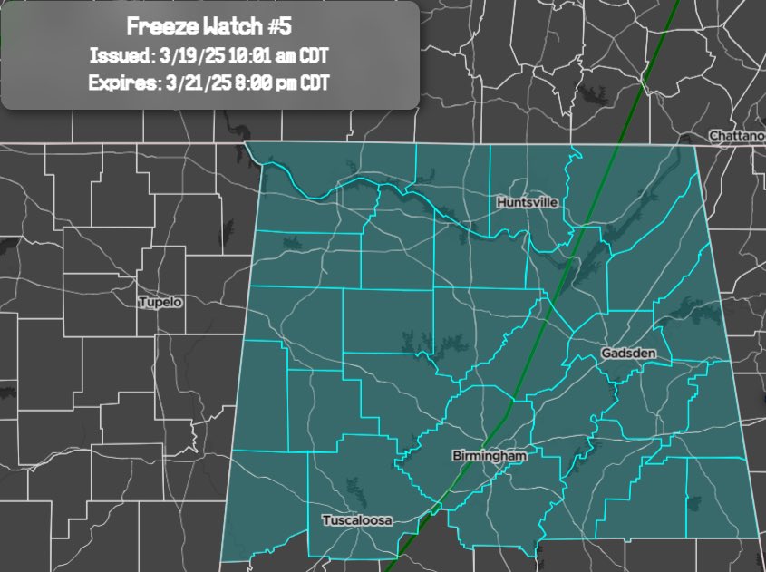 StormTrackingHQ's tweet photo. #FreezeWatch 05 has been issued for parts of #Alabama until 8:00 am CDT Friday #wxtwitter #wxX #Winterwx #alwx #Tuscaloosa #Huntsville #BirminghamAL #FlorenceAL #Anniston #Gadsden
Sub-freezing temperatures as low as 27 possible https://t.co/zIWzqsbkv0