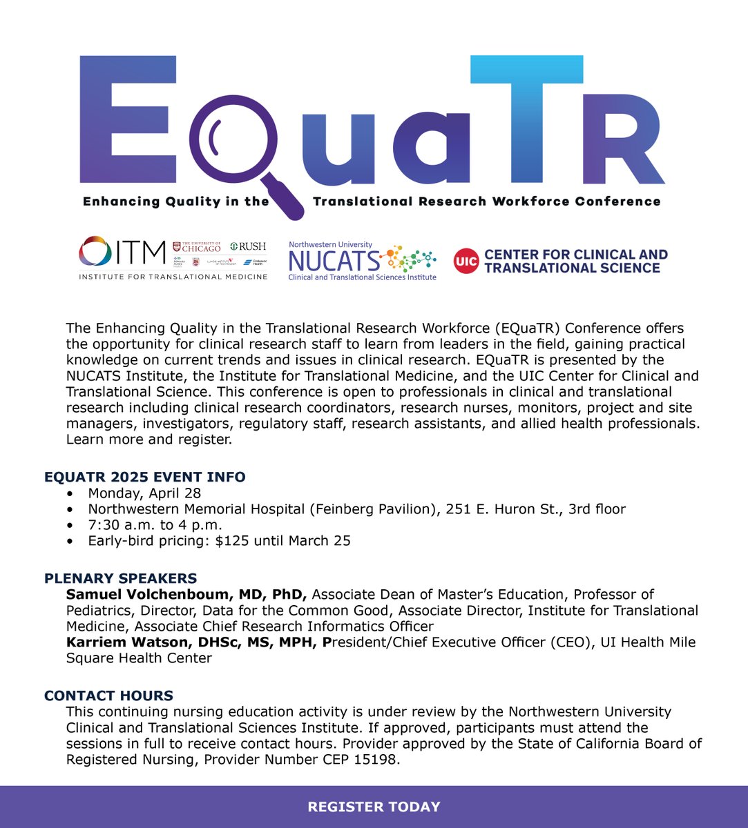 Attention clinical and translational research professionals! Attend the EQuaTR conference to learn from leaders in the field and gain practical knowledge on current trends and issues in clinical research. Register here - ccts.uic.edu/events/equatr-…