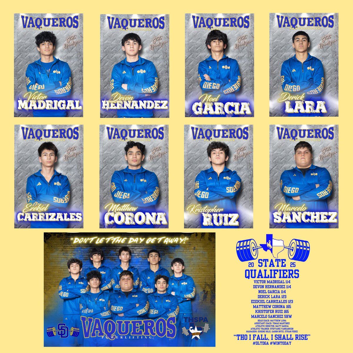 Congratulations to our 8 Vaquero Powerlifters who have qualified for the Division 3 State Powerlifting Meet in Abilene, Texas! The Boys will head to Abilene tomorrow - Thursday - March 20, 2025, for weigh-ins, and then the Bar is Loaded on Friday - March 21, 2025, at 9:00 AM.