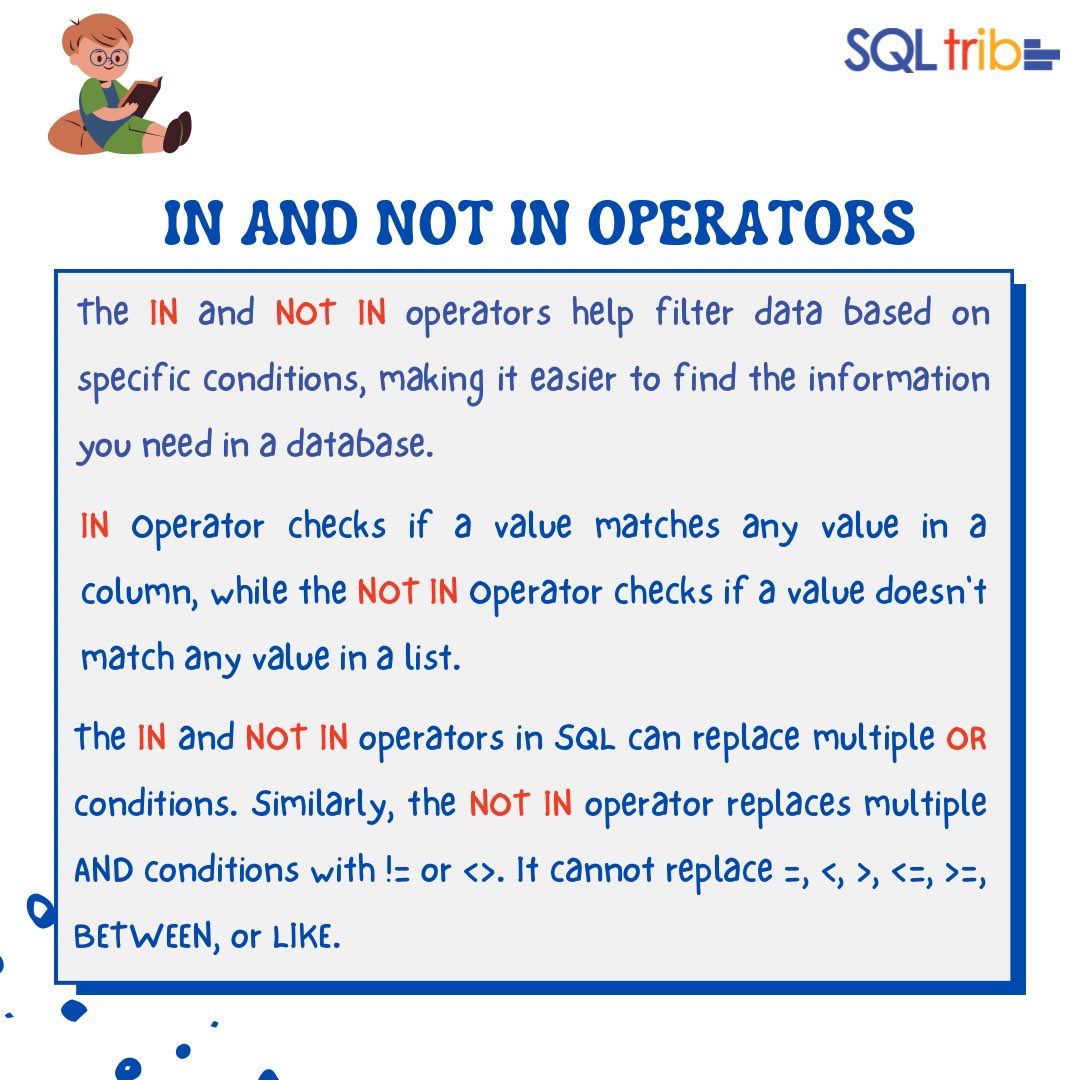 thesql_tribe's tweet image. Do you understand how to use these operators in SQL? 

Drop your questions in the comments below if you have any 😊

#learnsql #data #datacommunity #sql