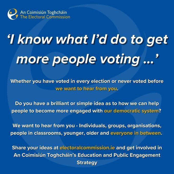Louth County Council (@louthcoco) on Twitter photo 🗳️ Do you have a brilliant idea as to how people can become more engaged with the democratic system?
💻 Share your ideas and get involved in <a href="/ElecCommIRL/">An Coimisiún Toghcháin, The Electoral Commission</a> An Coimisiún Toghcháin’s Education and Public Engagement Strategy.
➡️ buff.ly/QAg8iEA 🗳️ Do you have a brilliant idea as to how people can become more engaged with the democratic system?
💻 Share your ideas and get involved in <a href="/ElecCommIRL/">An Coimisiún Toghcháin, The Electoral Commission</a> An Coimisiún Toghcháin’s Education and Public Engagement Strategy.
➡️ buff.ly/QAg8iEA