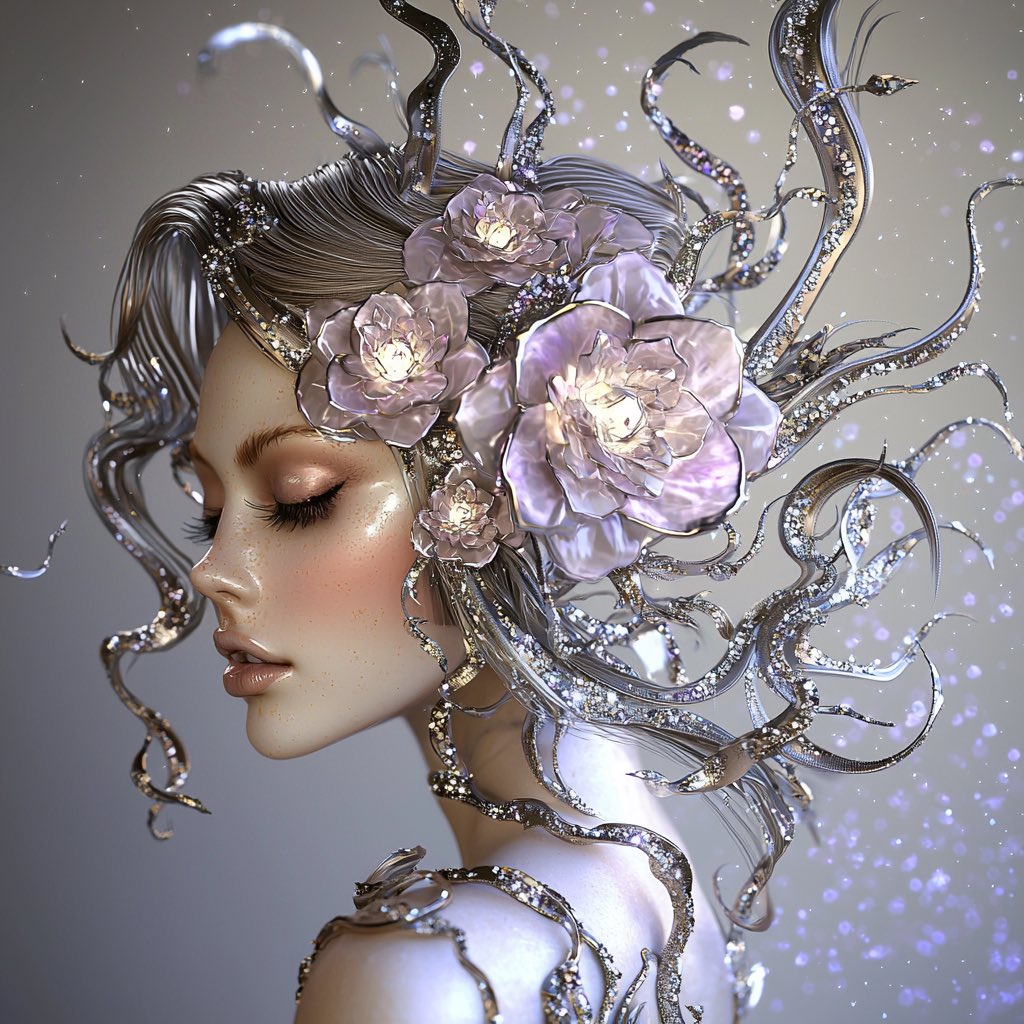 joyvelaio's tweet photo. 🌸✨ A celestial beauty woven from rose quartz and silver, with glowing flowers blooming in her hair like stars in the night sky. 🌟💖 Embracing the magic of soft pinks and shimmering metallics in a world where dreams come alive. What’s your favorite way to shine? 💫 #EtherealElegance #RoseQuartzMagic #FloralFantasy #CelestialBeauty #DreamyArt