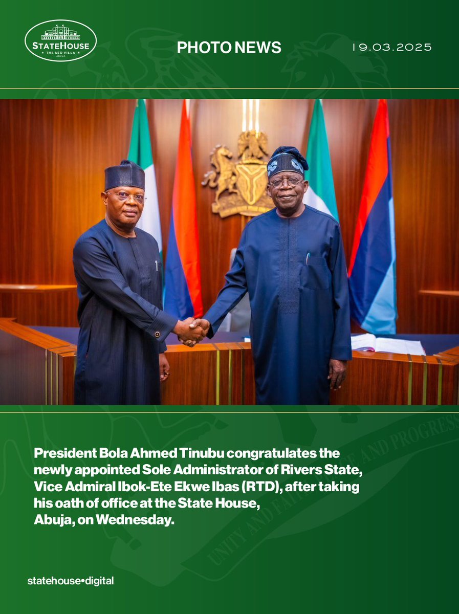 Newly appointed Sole Administrator of Rivers State, Vice Admiral Ibok-Ete Ekwe Ibas (RTD), takes oath of office before President Bola Ahmed Tinubu at the State House, Abuja, on Wednesday.
