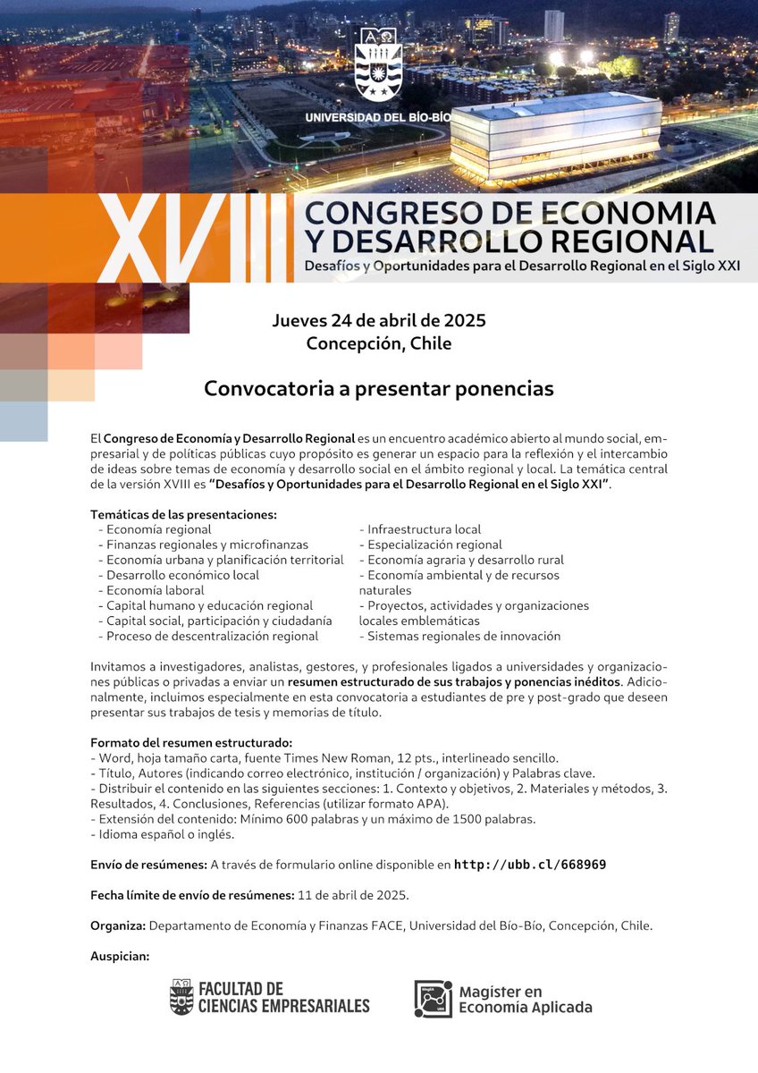 👩‍💻¡Se extiende el plazo para postular al Congreso de Economía y Desarrollo Regional! Súmate a la convocatoria de este evento académico y de debate abierto a la comunidad. Recepción de resúmenes: ubb.cl/668969