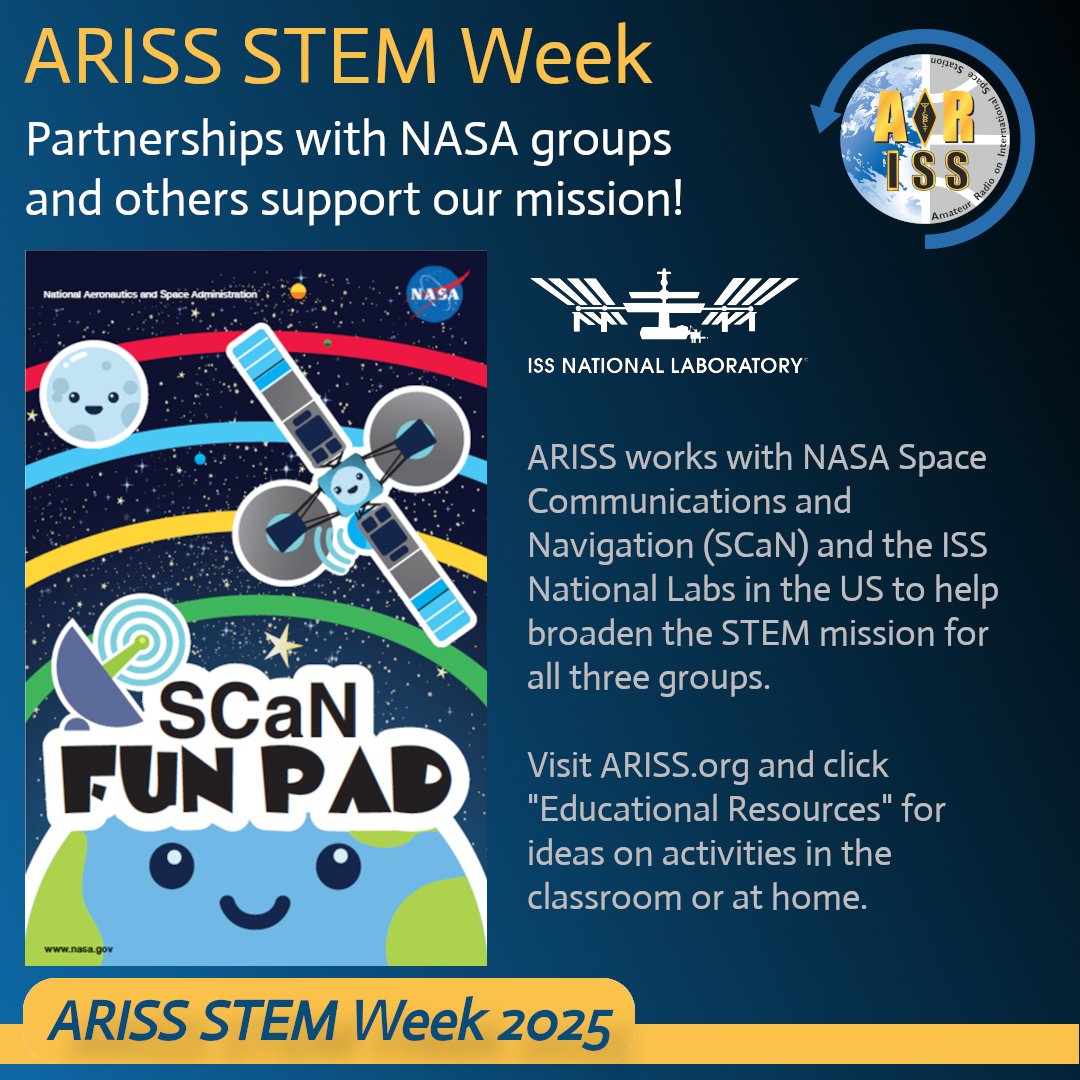 ARISS_Intl's tweet photo. We have partners around the world that help enable our STEM mission.
Leading up to the US National STEM Festival #STEMweek shoutout to @NASASCaN and @ISS_CASIS. https://t.co/MRSdGhIXj1