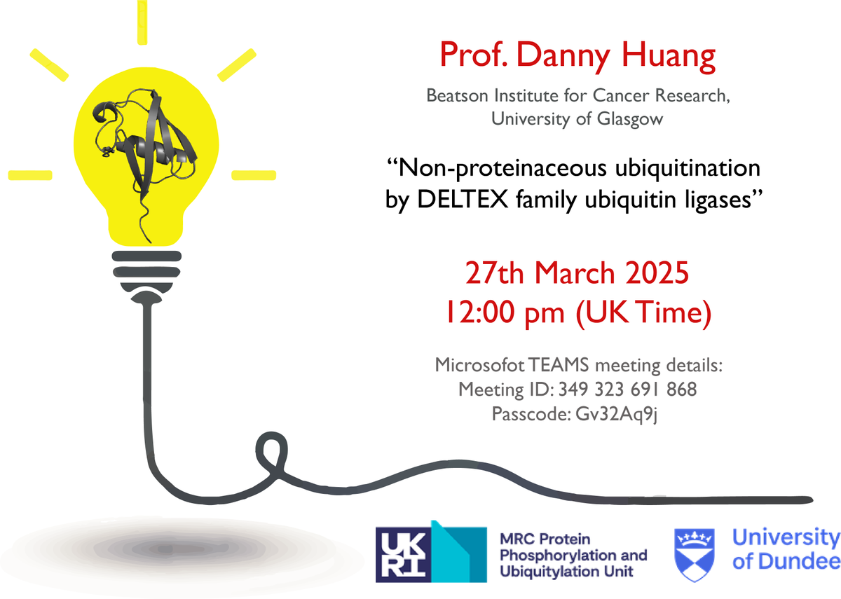 Upcoming Talk!
Next seminar by Prof. Danny Huang (<a href="/UofGlasgow/">University of Glasgow</a> , <a href="/CRUK_SI/">CRUK Scotland Inst</a> ) on: "Non-proteinaceous ubiquitination by DELTEX family ubiquitin ligases", 27th March 2025, 12pm (UK Time) online on Teams (more details in the description) #Ubiquitin #CancerResearch #Proteostasis