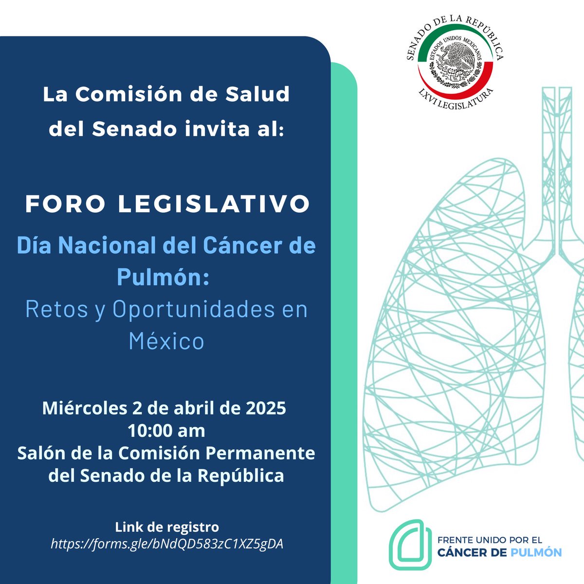 FrentePulmonMx's tweet photo. La Comisión de Salud del @senadomexicano de la República te invita al Foro Legislativo: Día Nacional del Cáncer de Pulmón, un espacio para analizar retos y oportunidades en la atención de esta enfermedad en México.

📅 Fecha: Miércoles 2 de abril de 2025
⏰ Hora: 10:00 a.m.
📍 Lugar: Salón de la Comisión Permanente del Senado de la República

🔗 Regístrate aquí: https://t.co/Q9UJ75VyOW