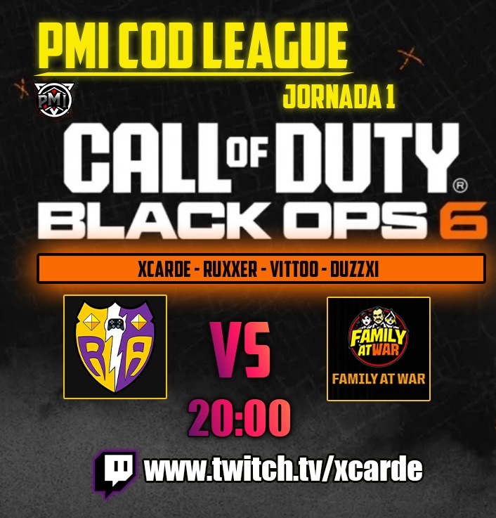 Volvemos a disputar una competición de Call of duty 🎮🔥.
En este caso será la #PMICodLeague de <a href="/PMI_eSports/">PMI eSports</a>.

📍Jornada 1
⏰ 20:00
🆚️ Family At War
📹 twitch.tv/xcarde

<a href="/Carde_ibdes/">xCarde</a>🔫
<a href="/_RuXxeR_/">JosePe</a>🔫
<a href="/ViTtoo__/">Javi</a>🔫
<a href="/DuzZxi/">Alex</a>🔫
<a href="/Mathi223010/">Mathias</a>💼
<a href="/Ivangato_10/">Gato⚡</a>💼

#CallofDuty #eSports