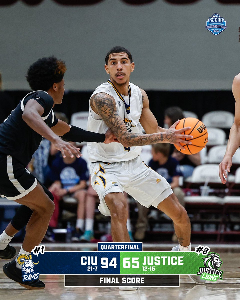 🏀FINAL SCORE🏀

<a href="/ciuhoops/">CIUHOOPS</a> makes light work of No. 8 seeded Justice (Ariz.) to advance to the semifinals of the #NCCAAMBB DI Championship. The Rams will play with a shot to advance to the title game on Thursday, Mar. 20, at 7 p.m. CT.  #Chargeon

PC: Steve Rackley