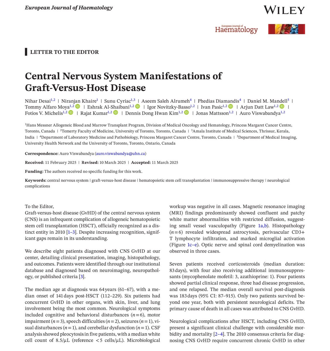 🎉🎉 Happy to share our latest publication, out now in the European Journal of Hematology 🙌🏽

We describe the clinical features, imaging, histopathology &amp; outcomes of patients with GvHD of the CNS. A rare but significant entity!

doi.org/10.1111/ejh.14…

#MedTwitter