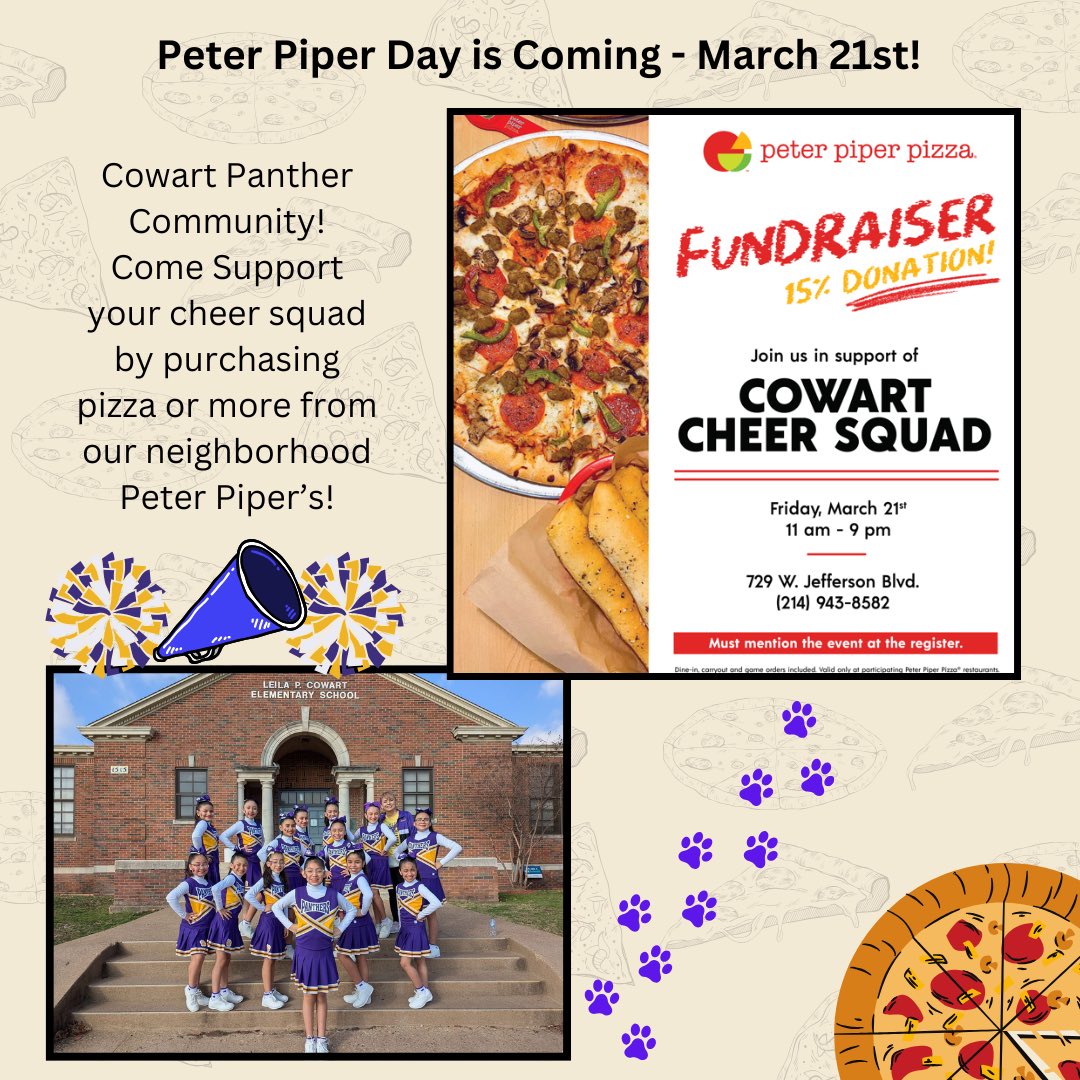 Think about it! It’s gonna be a Friday &amp; you know you don’t wanna cook after a long week. 
So go ahead &amp;  get you some pizza from Peter Piper &amp; make sure you mention the Cowart Cheer Squad to help our ladies with end of year activities &amp; expenses. 🫶🏽😊 #CowartSpirit