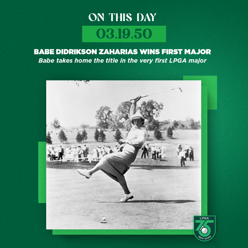 LPGA's tweet photo. On this day 75 years ago, Babe Didrikson Zaharias won the Titleholders Championship

This was the first major of the LPGA era and the first of Babe's eight wins in 1950 #LPGA75

MORE ⬇️ https://t.co/VDNoQiAphp