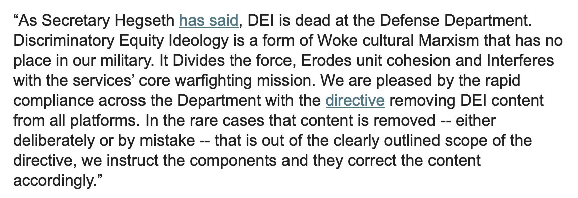 Jeff Passan (@jeffpassan) on Twitter photo When asked about the reason for the removal of the story on the <a href="/DeptofDefense/">Department of Defense 🇺🇸</a> website on Jackie Robinson's military service, Pentagon press secretary John Ullyot said the following in a statement to ESPN.
(The story remains deleted.) When asked about the reason for the removal of the story on the <a href="/DeptofDefense/">Department of Defense 🇺🇸</a> website on Jackie Robinson's military service, Pentagon press secretary John Ullyot said the following in a statement to ESPN.
(The story remains deleted.)