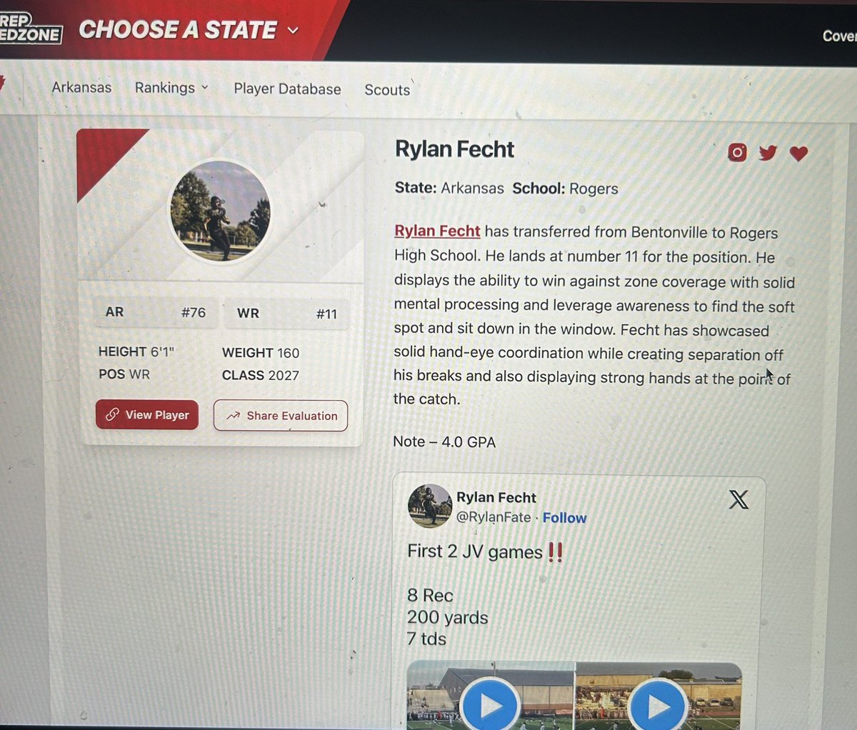 Rylan Fecht (@rylanfate) on Twitter photo Thank-you for the write up. Happy to be the 11th ranked receiver of Arkansas 2027, and apart of the Rogers Mountie program <a href="/PrepRedzoneAR/">Prep Redzone Arkansas</a>
Rylan Fecht 6’1 170lbs
Rogers Combine stats-
4.59 40yard dash
4.11 5-10-5
6.82 L drill
200lbs Bench press
Squat estimate 360lbs Thank-you for the write up. Happy to be the 11th ranked receiver of Arkansas 2027, and apart of the Rogers Mountie program <a href="/PrepRedzoneAR/">Prep Redzone Arkansas</a>
Rylan Fecht 6’1 170lbs
Rogers Combine stats-
4.59 40yard dash
4.11 5-10-5
6.82 L drill
200lbs Bench press
Squat estimate 360lbs