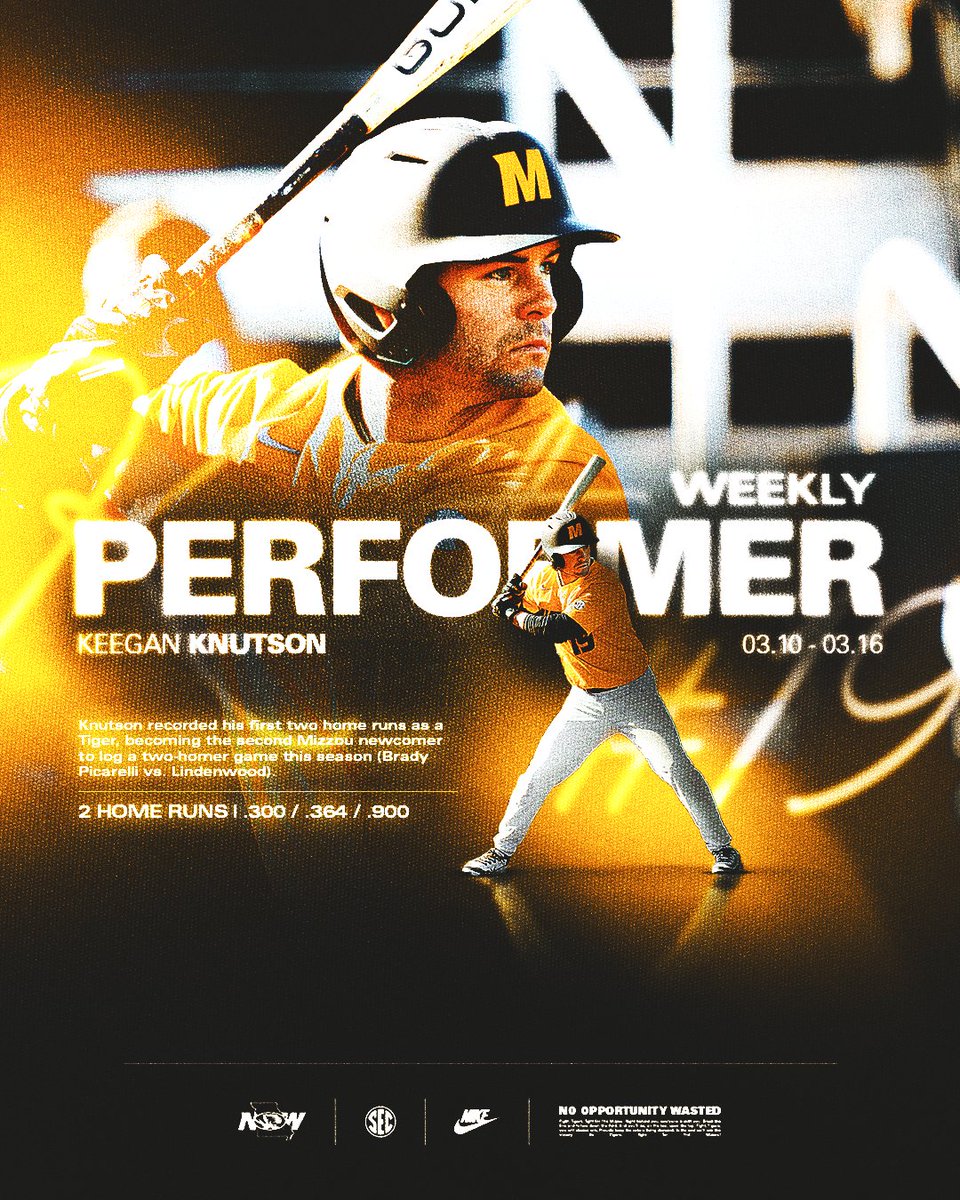 MizzouBaseball's tweet image. Last week's top performer, 𝗞𝗲𝗲𝗴𝗮𝗻 𝗞𝗻𝘂𝘁𝘀𝗼𝗻, led the Tigers with a .900 slugging percentage over their three games, including a 2⃣-homer, 4⃣-RBI performance Saturday at LSU.

#𝙈𝙞𝙯𝙯𝙤𝙪𝙉𝙊𝙒 | 🐯⚾️