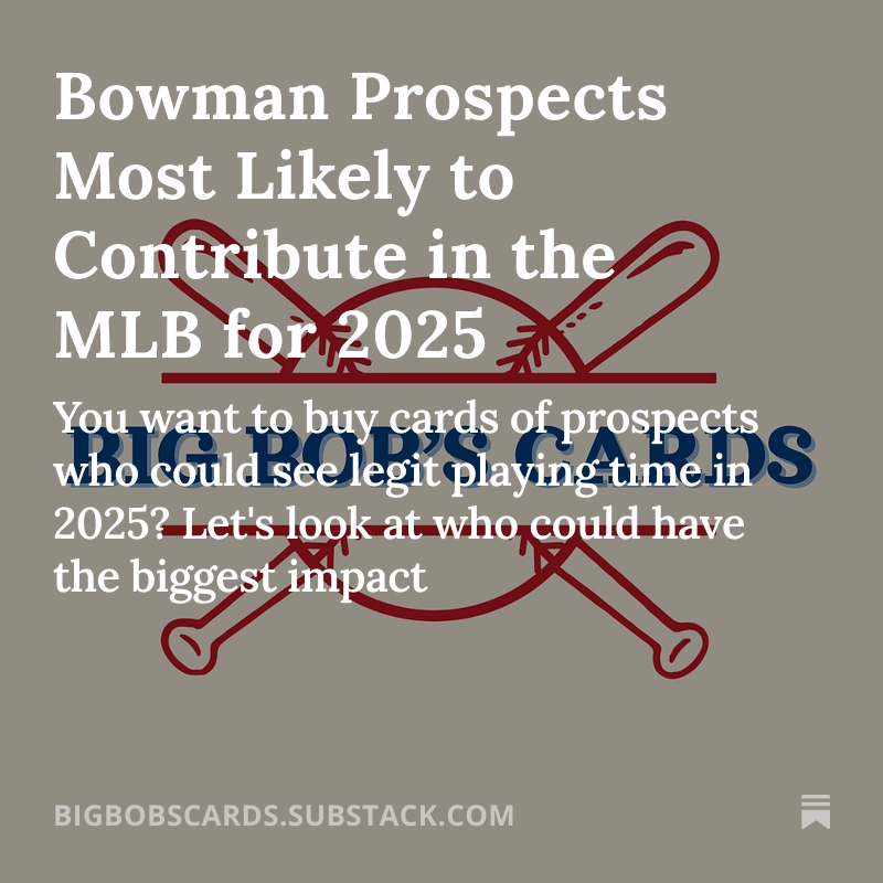 Taking a look at Bowman prospects with 2025 ETA's who could contribute the most production at the big league level this year vs. their card price.

Tomorrow: Cardinals buy sheet
Friday: Rays buy sheet 👀

open.substack.com/pub/bigbobscar…