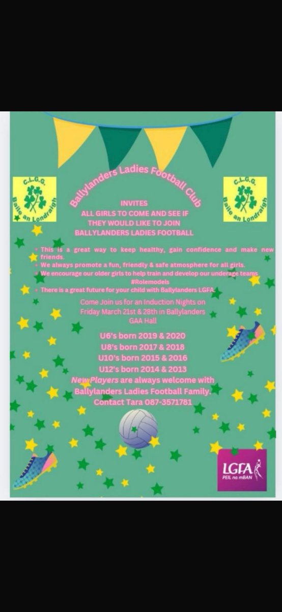 ballylandersLG1's tweet photo. We invite any young girls in the area that would like to try out ladies football see details below for some fun and football🟡🟢 https://t.co/WrT1uqnxzA