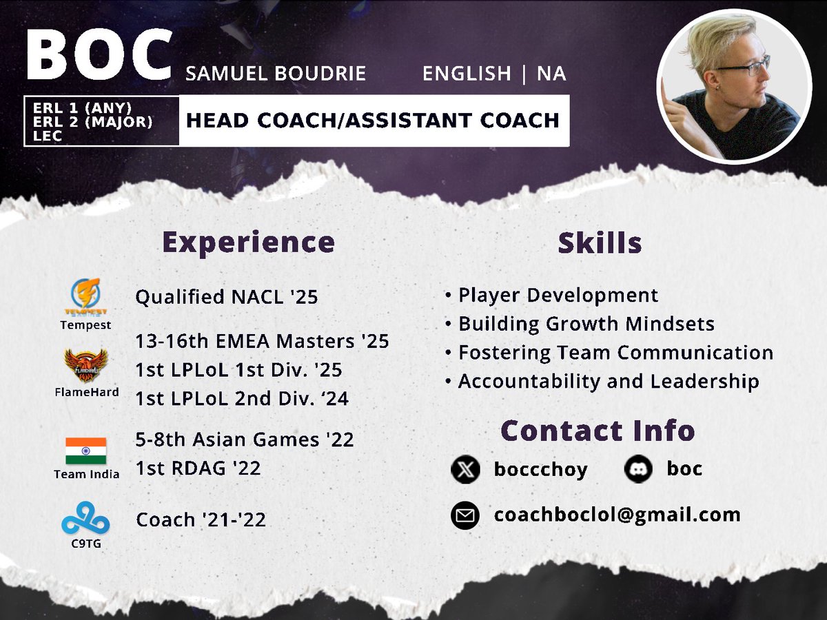 LFT (EU ONLY)🌍
After 2 excellent splits with <a href="/flamehardorg/">Flamehard</a>, I am LF offers in the ERL/LEC system. Changes to my IRL situation dicatate that these must be PAID offers. 

Currently coaching NACL this split, announcement coming SOON!👀

References upon request. Like + RT + Vouch🙏