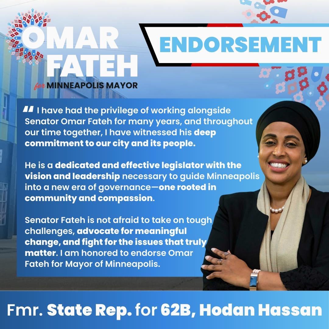 OmarFatehMN's tweet photo. I am honored to be endorsed by former State Representative for 62B @RepHassan, and current State Representative for 62B @anquam62B. I look forward to working together towards a city that works for everyone! Minneapolis is ready for a mayor that works as hard as we do. https://t.co/4MKRgiOFu2