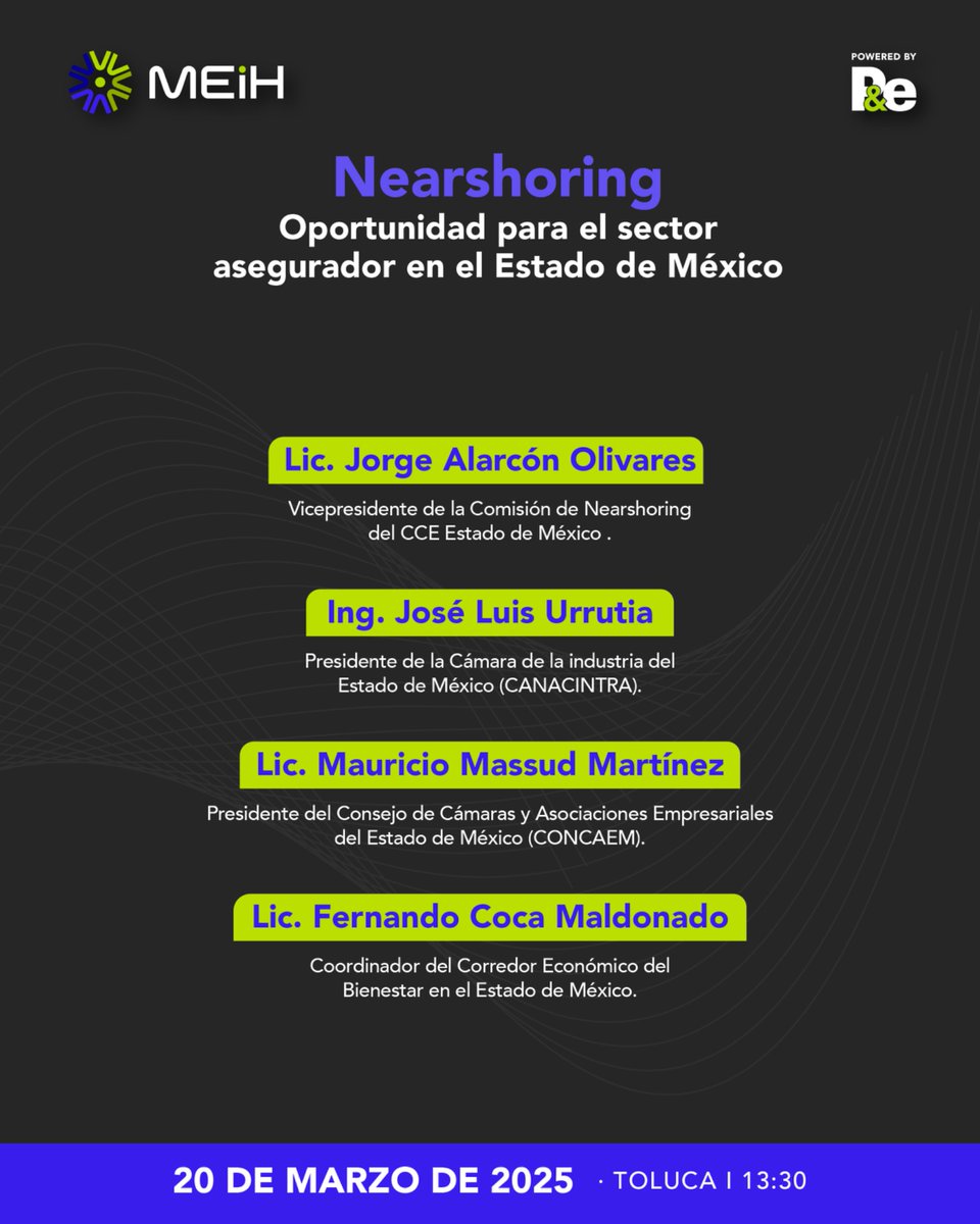 🗣️Estamos muy felices de sumarnos a esta mesa de análisis sobre nearshoring para el sector asegurador en el Estado de México 
🔜 ¡Muy pronto les compartiremos los detalles de este evento! 🇲🇽

#ExpoMEIH <a href="/EdoPap/">Edoardo Papini</a> 
#PetróleoYEnergía <a href="/petroleoenergia/">Petróleo&Energía</a> 
#EnergíaEnMéxico