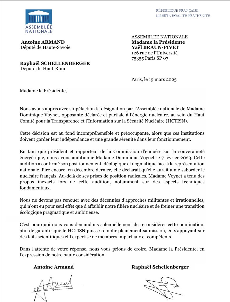 Antoine Armand (@antoine_armand) on Twitter photo 🔴 NUCLÉAIRE | Nous apprenons avec stupéfaction la nomination de Dominique Voynet comme membre du HCTISN.
Honnêtement, c'est intolérable. Rien qu'en décembre dernier, elle disait vouloir saborder le nucléaire français.
Avec <a href="/RSCactu/">Raphaël Schellenberger</a> nous écrivons à la présidente de l'Assemblée. 🔴 NUCLÉAIRE | Nous apprenons avec stupéfaction la nomination de Dominique Voynet comme membre du HCTISN.
Honnêtement, c'est intolérable. Rien qu'en décembre dernier, elle disait vouloir saborder le nucléaire français.
Avec <a href="/RSCactu/">Raphaël Schellenberger</a> nous écrivons à la présidente de l'Assemblée.