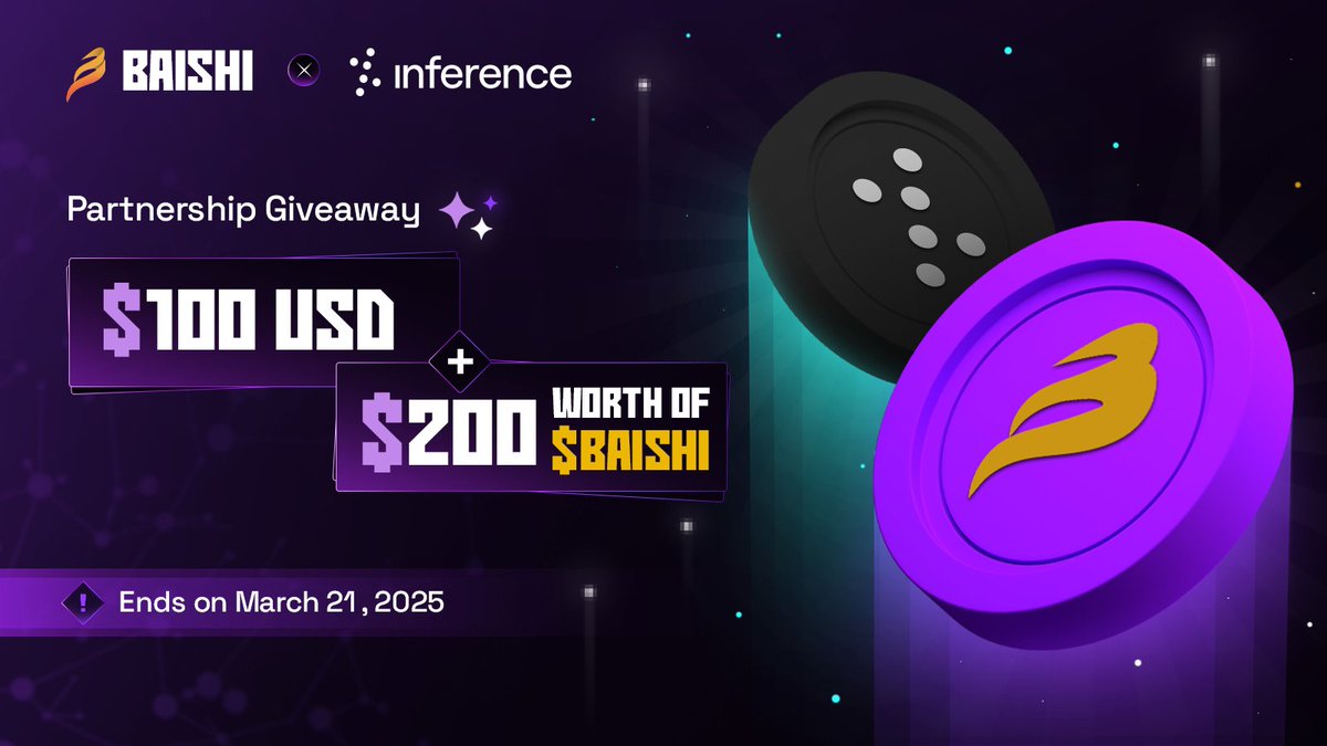 BAISHI x Inference Labs: Advancing Ai-Fi in Web3 &amp; Gaming

To celebrate our partnership with <a href="/inference_labs/">Inference Labs</a>, we are hosting a giveaway!

🏆Prizes:
1⃣100 $USDT for 2 winners (provided by <a href="/inference_labs/">Inference Labs</a>) 
2⃣$200 worth of $BAISHI tokens for 4 winners 

How to Enter:
1. Follow