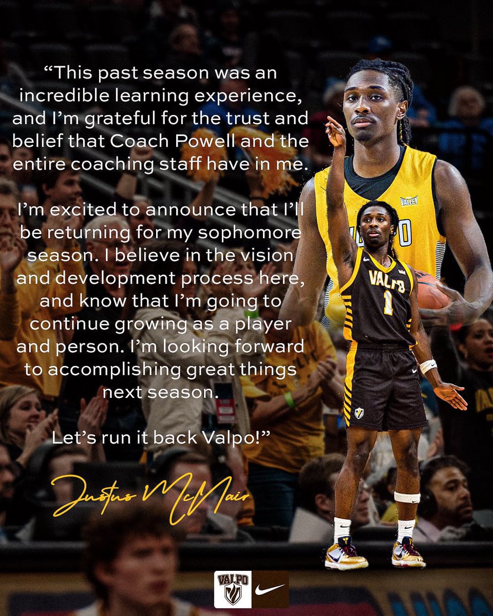 “Let’s run it back Valpo!” - <a href="/justusmcnair1/">Justus McNair</a> is coming back for his sophomore season with <a href="/ValpoBasketball/">Valpo Basketball</a>. #MVCHoops