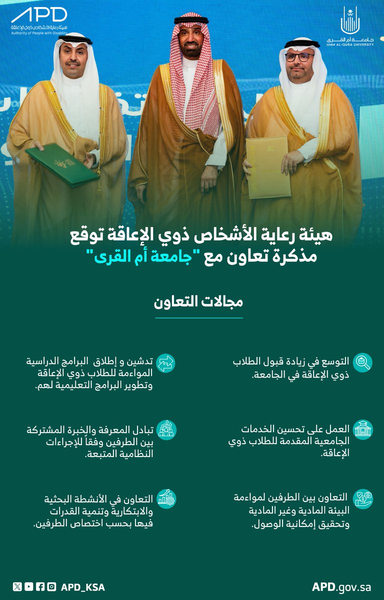 APD_ksa's tweet photo. في خطوة هامة نحو دعم التعليم الجامعي للأشخاص ذوي الإعاقة، وقعت هيئة رعاية الأشخاص ذوي الإعاقة مذكرة تعاون مع جامعة أم القرى @uqu_edu, لتحقيق بيئة تعليمية ممكنة ومتكافئة الفرص.
للمزيد: https://t.co/A3CjHvZdFo https://t.co/rf75R9WbY2