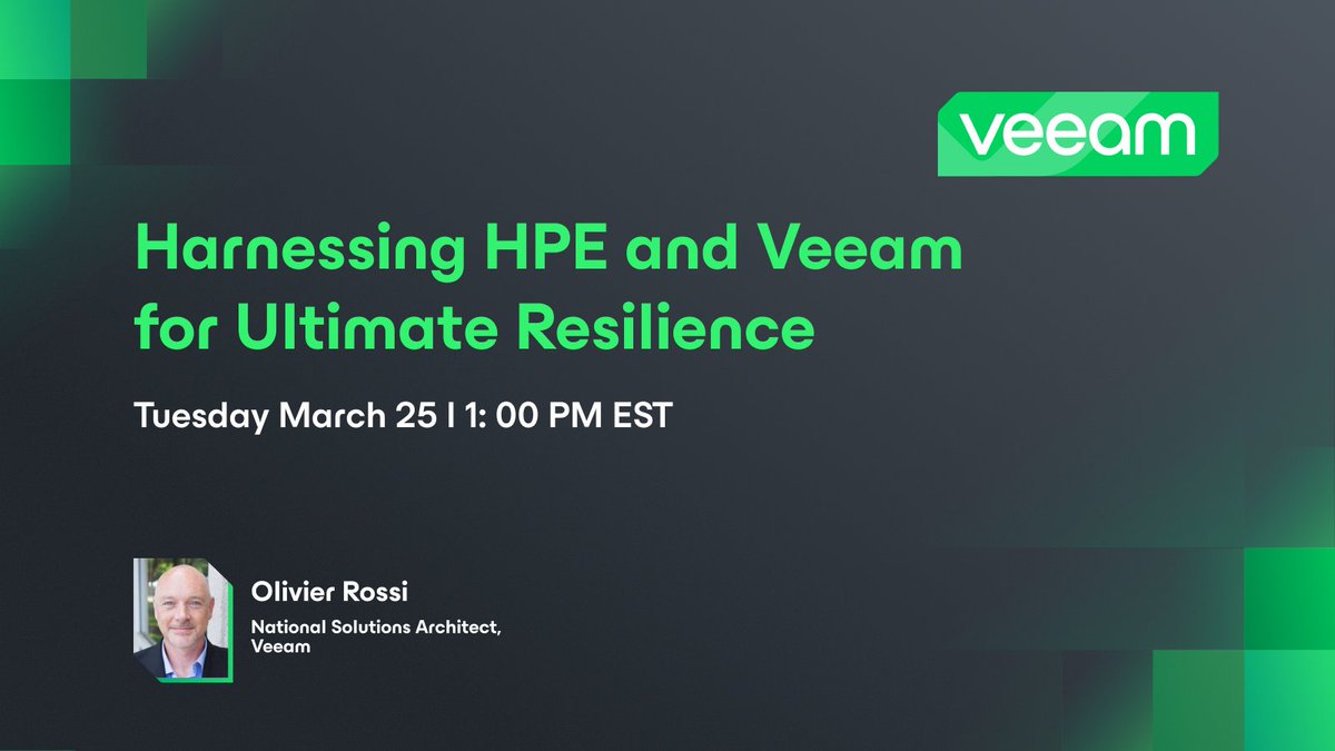 Veeam's tweet photo. How can you harness HPE and Veeam for ultimate resilience? Join Veeam’s Olivier Rossi at #HPETechJam Orlando on Mar. 25 to hear how you can enter a new era of data defense. See you there! https://t.co/Y0tE4EstGG