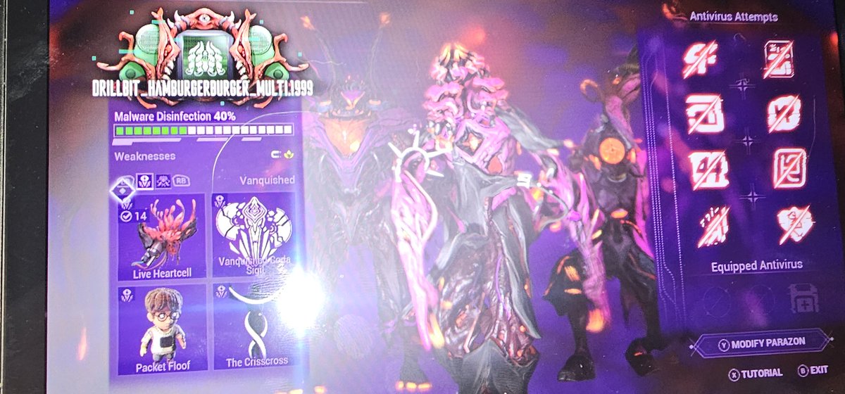 CheesyPeaz's tweet photo. @PlayWarframe I can't kill my Coda Lich because all the antivirus mods failed 😭 https://t.co/6VGRMaZ7u4