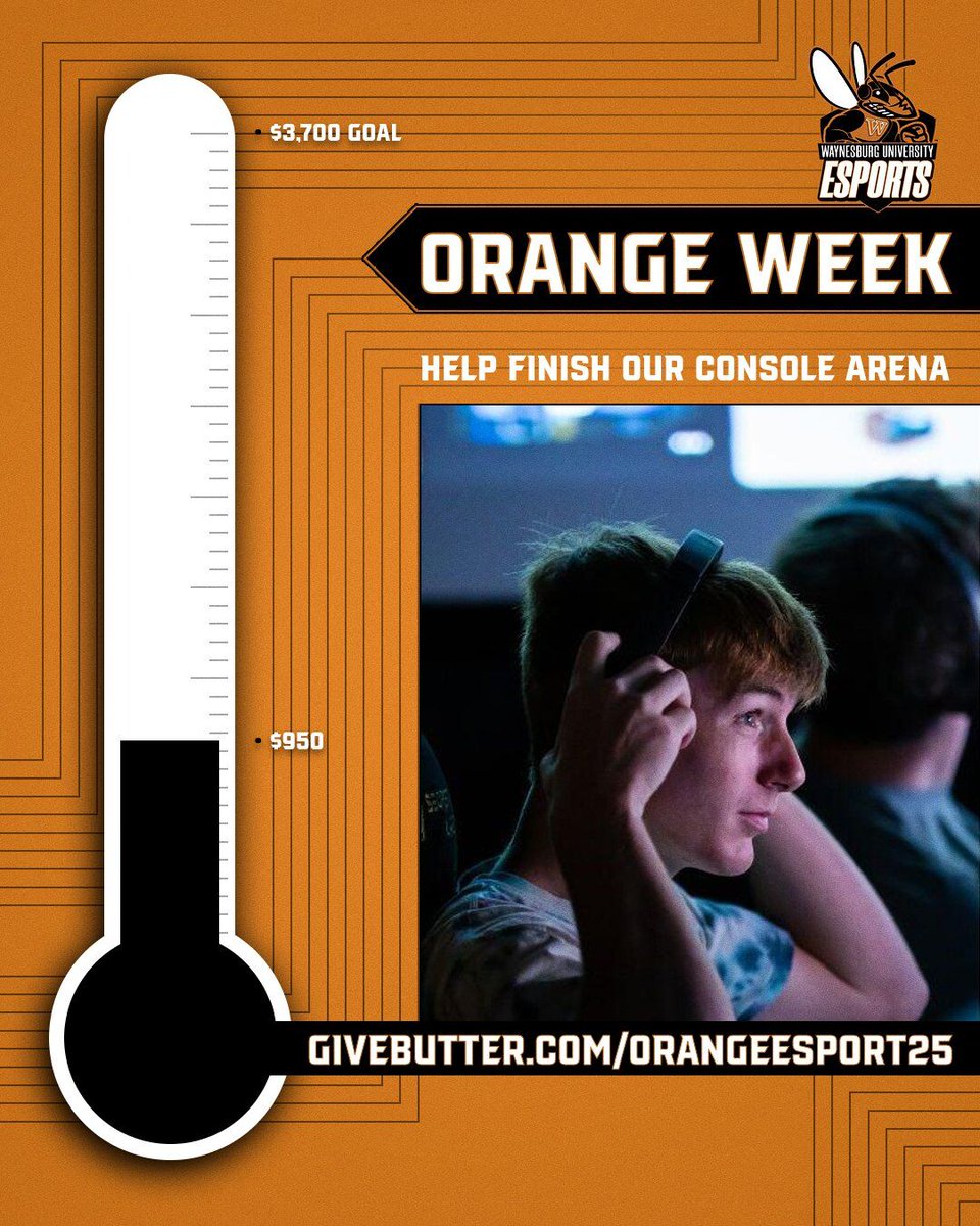 Esports_WU's tweet photo. We are getting closer to our #OrangeWeek goal. We have raised $950 of the $3,700 goal. There is still time for you to make a donation to the equipment fund for our new console arena. Can you join our other donors in supporting the program? https://t.co/xeKIbQ7arh https://t.co/FFng14yVSP