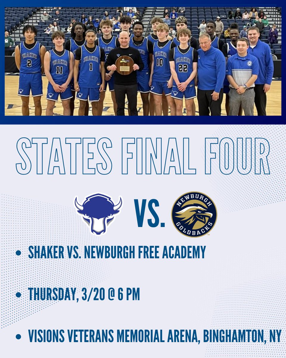 The Shaker Boys Basketball team has made history, winning the East Regional Championship and advancing to the State Semifinal for the first time. They face Newburgh Free Academy on Thursday at 6 PM in Binghamton!
Check the link in our bio for the livestream link!