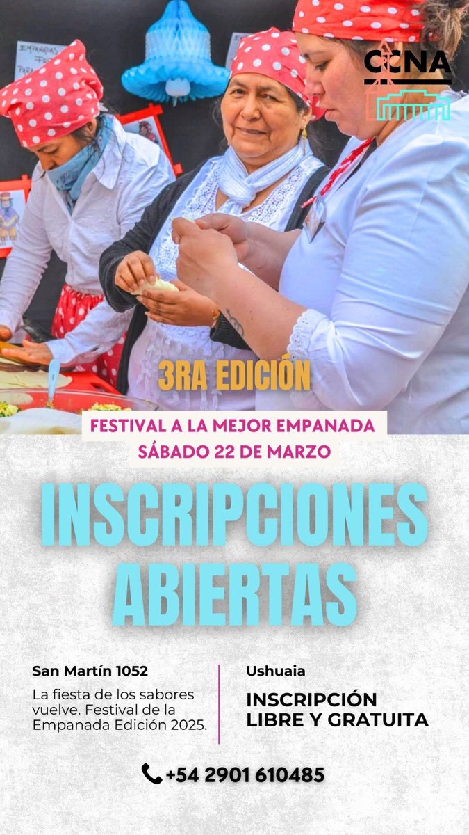 Pino_Ush's tweet photo. Falta muy poco para la nueva edición del Festival a la Mejor Empanada 2025.
Podes inscribirte de manera presencial en San Martín 1052. ¡Te esperamos! #QueremosQueSeasParte https://t.co/RC6O6KzUuC