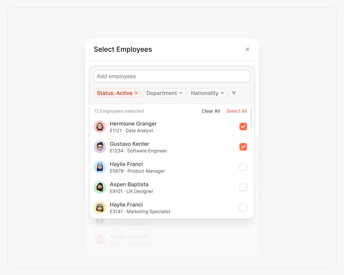 A smarter selection modal UI designed for <a href="/joinhumanlot/">Humanlot</a> — Search, filter, and select employees with ease ✅