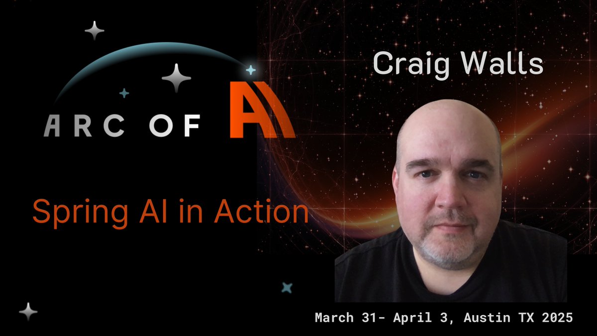 arcofai (@arcofai) on Twitter photo Attend <a href="/habuma/">CrAIg Walls</a>'s session at Arc of AI. In this session, we'll consider a handful of use cases for Generative AI and see how to implement them with Spring AI 💥
arcofai.com/speaker/bb125d…
Use code JOIN-CRAIG-50OFF for discount!
📅 Mar 31-Apr 3, Austin TX
🎟️ arcofai.com Attend <a href="/habuma/">CrAIg Walls</a>'s session at Arc of AI. In this session, we'll consider a handful of use cases for Generative AI and see how to implement them with Spring AI 💥
arcofai.com/speaker/bb125d…
Use code JOIN-CRAIG-50OFF for discount!
📅 Mar 31-Apr 3, Austin TX
🎟️ arcofai.com