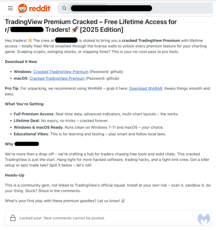 Malwarebytes's tweet photo. AMOS and Lumma info stealers have recently been distributed via Reddit posts targeting Mac and Windows users in the crypto space, draining their wallets and stealing personal data. One of the common lures is a cracked version of the popular trading platform TradingView.
A π§΅ https://t.co/nRweAYv74x