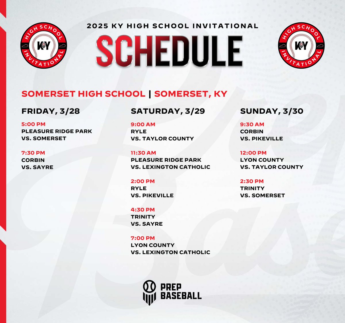Prep Baseball Kentucky (@prepbaseballky) on Twitter photo 🚨 KY HIGH SCHOOL INVITATIONAL 🚨
We are just over a week away from our inaugural HS Invitational, hosted by Somerset High School! <a href="/_SHSkybaseball/">Somerset HS Baseball</a>
From MLB draft prospects to high-level uncomitted talent, this event has it all. Check out our schedule below, you won't want to 🚨 KY HIGH SCHOOL INVITATIONAL 🚨
We are just over a week away from our inaugural HS Invitational, hosted by Somerset High School! <a href="/_SHSkybaseball/">Somerset HS Baseball</a>
From MLB draft prospects to high-level uncomitted talent, this event has it all. Check out our schedule below, you won't want to
