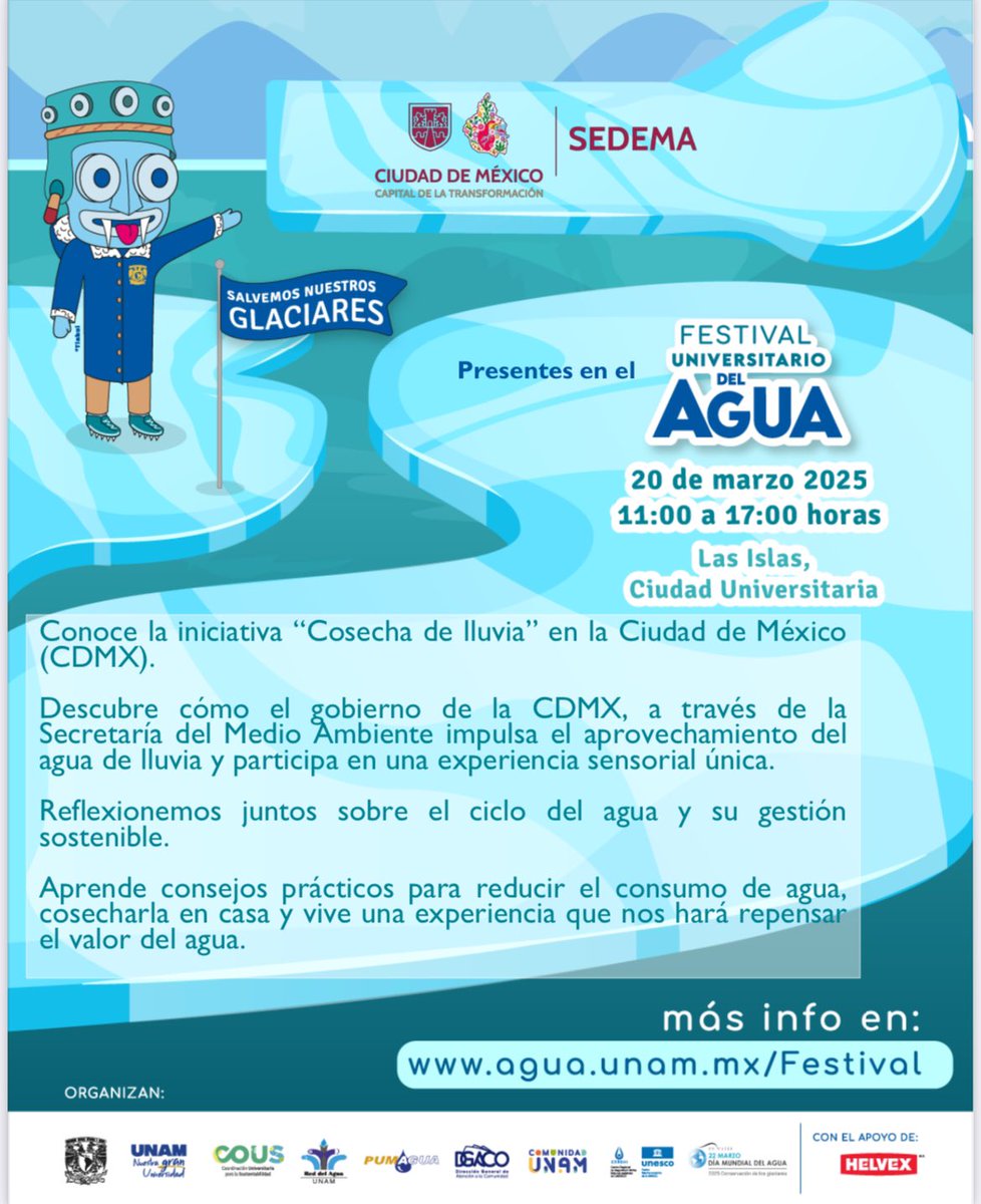 Cult_Amb_CDMX's tweet photo. 🌊💧 ¡No te pierdas el Festival Universitario del Agua! 💧🌊

📅 20 de marzo 2025
⏰ 11:00 - 17:00 h
📍 Las Islas, Ciudad Universitaria

Descubre la iniciativa Cosecha de Lluviaen CDMX y aprende sobre el uso sostenible del agua. ¡Ven a vivir una experiencia única! 🌱🚰 https://t.co/2W3Oh1HZ35
