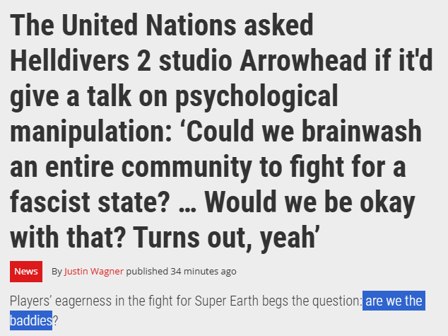 TArchcast's tweet photo. Holy shit! This came out half an hour ago! Helldivers 2 Dev openly states that super earth is intended to be a fascist totalitarian regime! 

Developers where actively trying to "Brainwash an entire community to fight for a fascist state"

The Helldivers are "Evil grunts" https://t.co/YQUohq8yWD