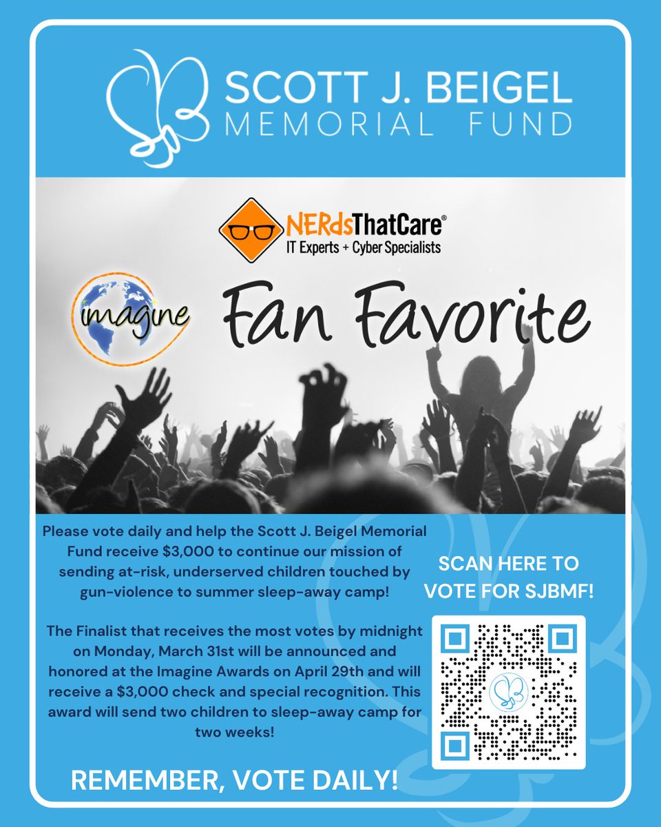 CAST YOUR VOTE &amp; MAKE A DIFFERENCE!

The Scott J. Beigel Memorial Fund is honored to be a finalist for The Imagine Fan Favorite Award, sponsored by Nerds That Care—and we need YOUR vote to win $3,000!

Go to woobox.com/xa4e8q